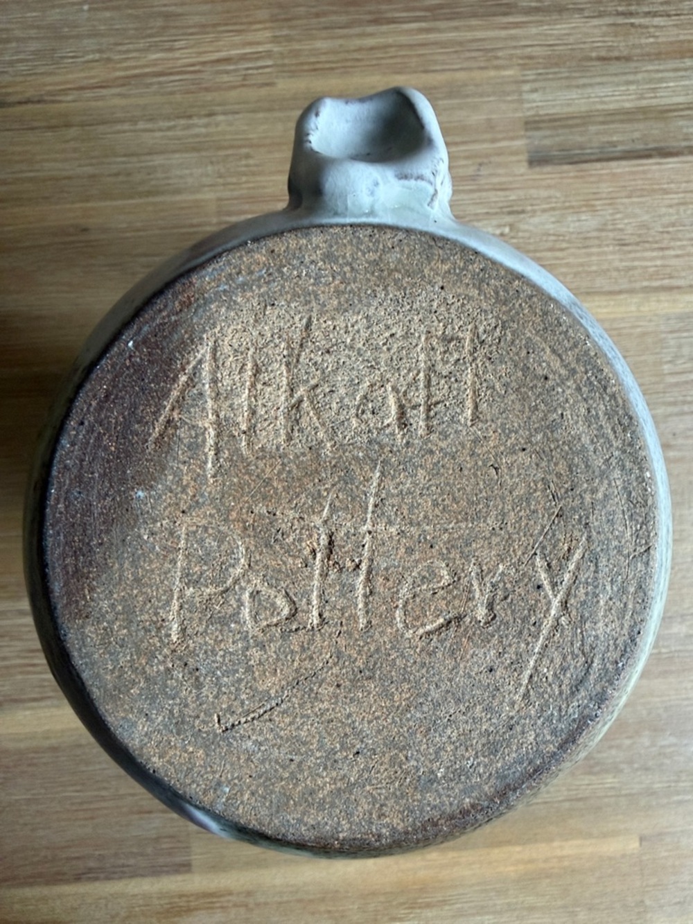 Handcrafted Speckled Ceramic Pitcher in Beige with Blue Stripe - Picture 10 of 13